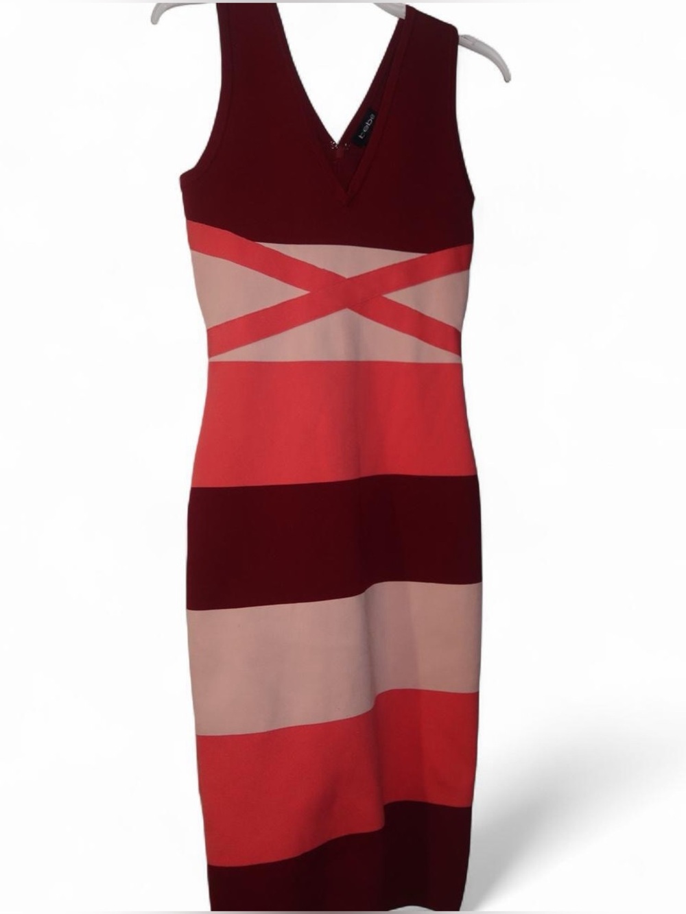 Bebé Striped V-Neck Bodycon Dress in Burgundy, Coral, and Blush